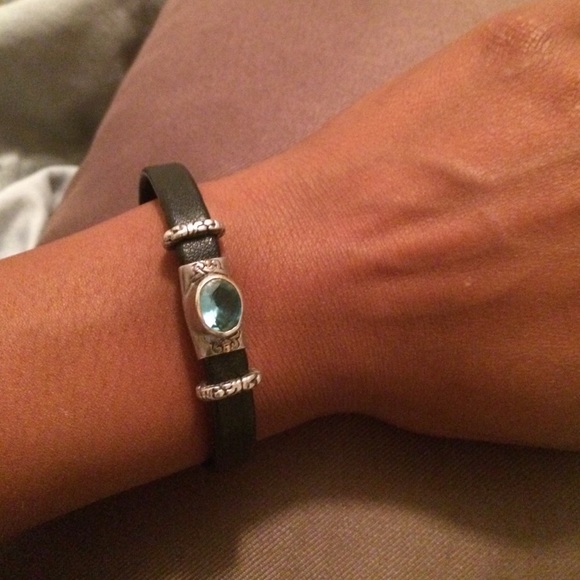 Leather,silver, blue stoned bracelet