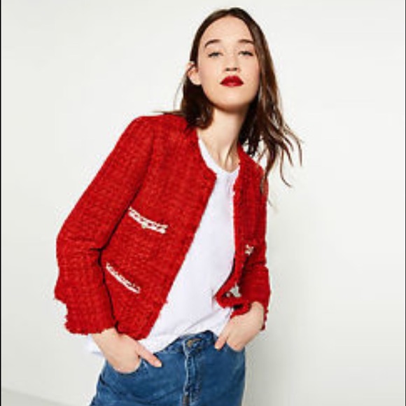 zara tweed jacket red