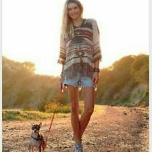 Free People Fringe Navajo Hooded Pullover Poncho