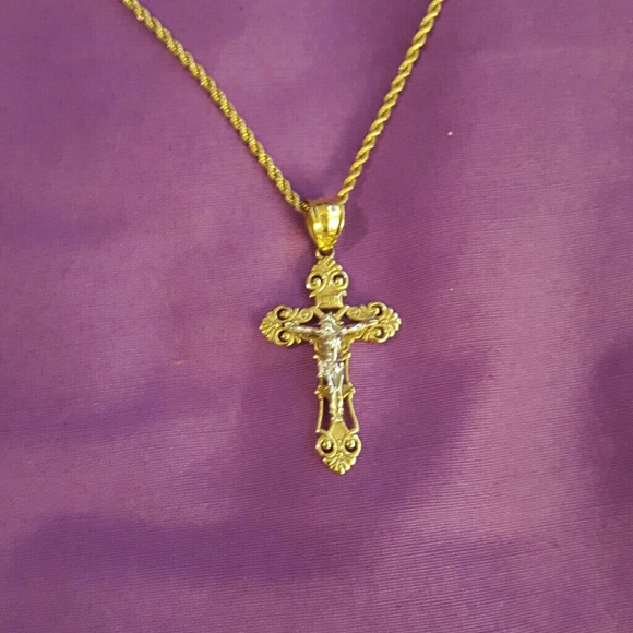 10k yellow and white gold cross necklace
