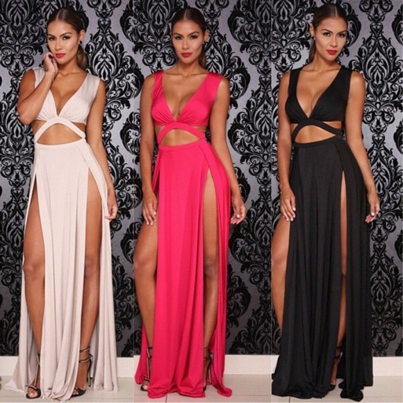 ✨"HOLLYWOOD Girl" Double Thigh High Slit Maxi✨ - Picture 4 of 4