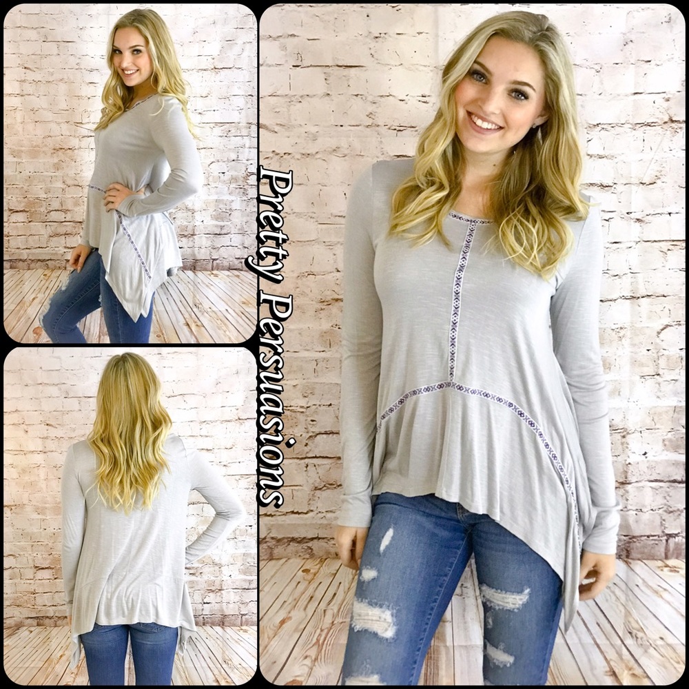 CLEARANCE‼️Gray Purple Trim Shark Bite Hem Tunic - Picture 1 of 4