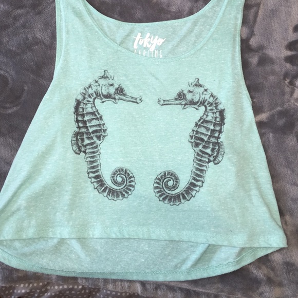 Teal tank top/ crop top with two seahorses.