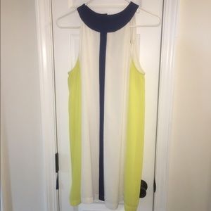Blue, yellow, and white dress.