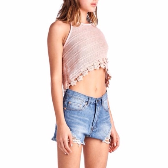 🆕Lace Trimmed Crocheted Cropped Top - Picture 2 of 4