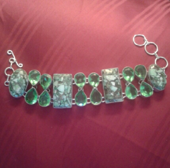 SALE New *HC Green Copper Turquoise/Quartz 925S Br - Picture 1 of 3