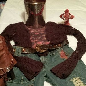 Reserved Chocolate crochet shrug, shirt &jewelry