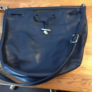 All leather navy drawstring bag