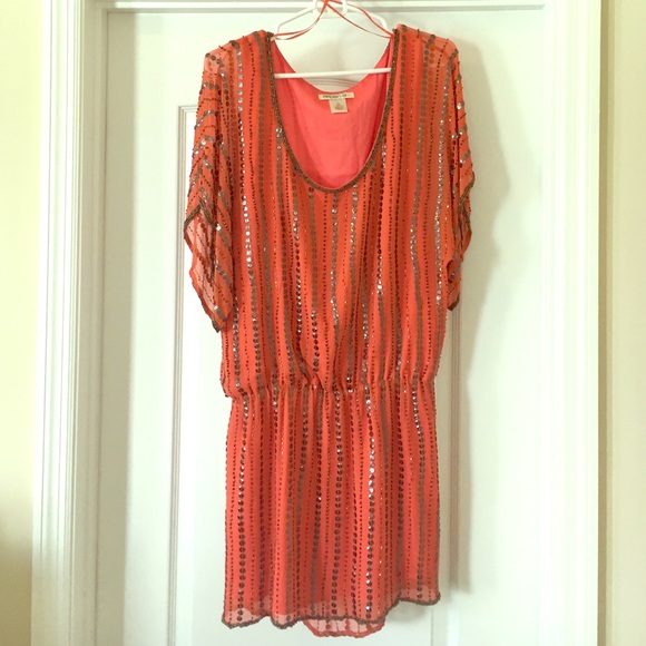 Short coral sequenced party dress