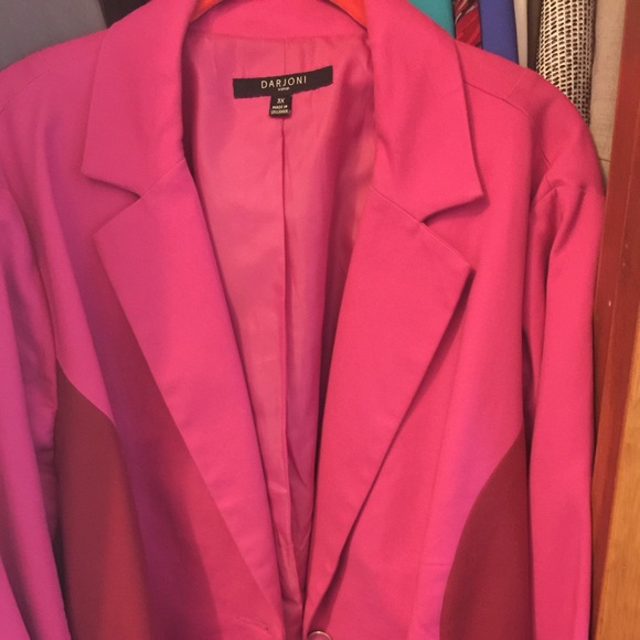 Pink mixed media blazer with side slits.