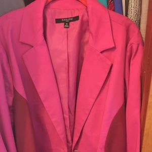 Pink mixed media blazer with side slits.