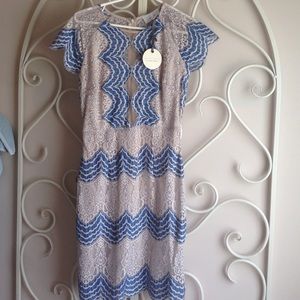Tan and blue lace dress