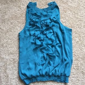 Turquoise sleeveless blouse with ruffle detail