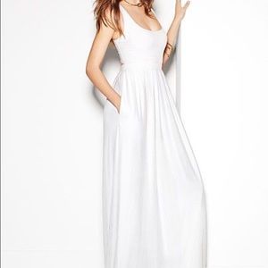 Long white open back mesh maxi with pockets