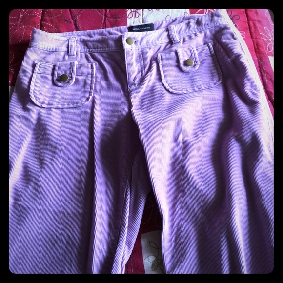 Lavender corduroy bell bottom pants.