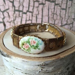 Vintage Porcelain Rose Mesh Panel Bracelet