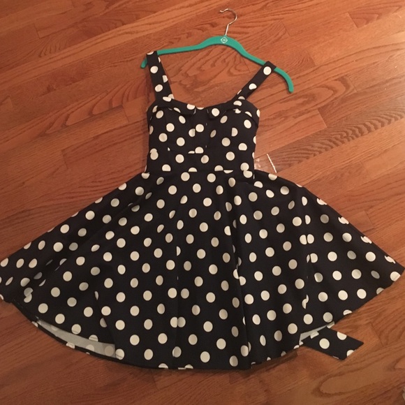 Pull up a Cherry Dress in Navy Dots