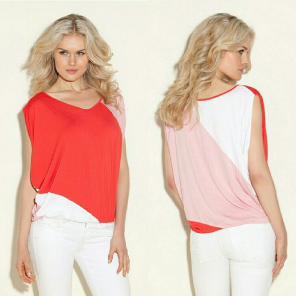 Guess willow color-blocked draped top red pink S