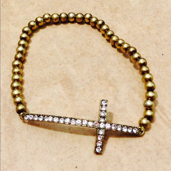 Antique Gold Tone Crystal Sideways Cross Bracelet