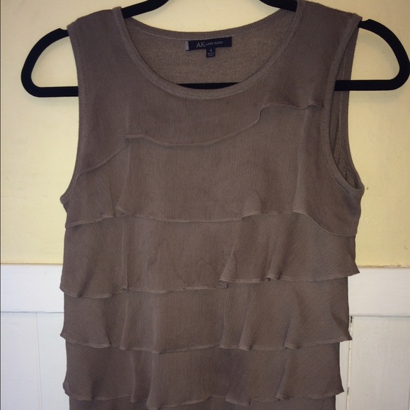 Anne Klein sleeveless taupe ruffle front top