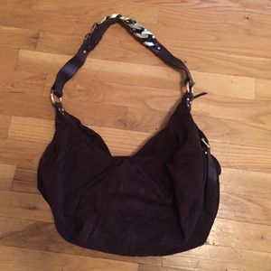 DKNY Brown suede crescent bag with gold hardware