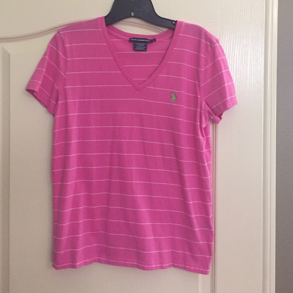 Pink/white striped Ralph Lauren v-neck t-shirt