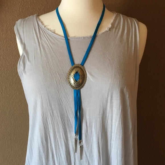 Leather lariat concho bolo necklace spike blue