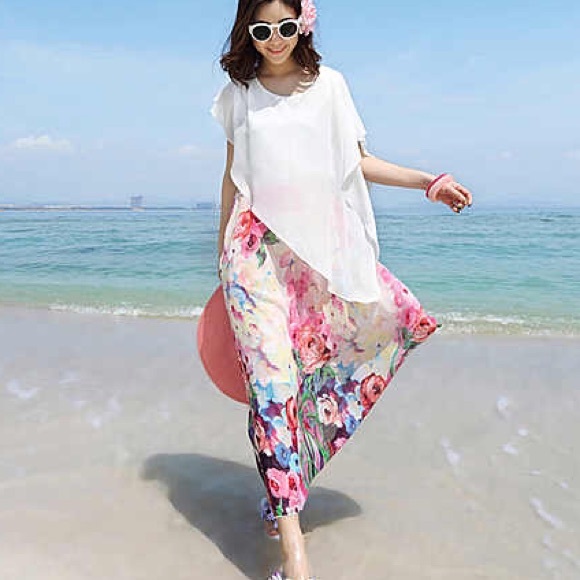 Bundle: Korean style floral beach maxi with scarf - Picture 1 of 4