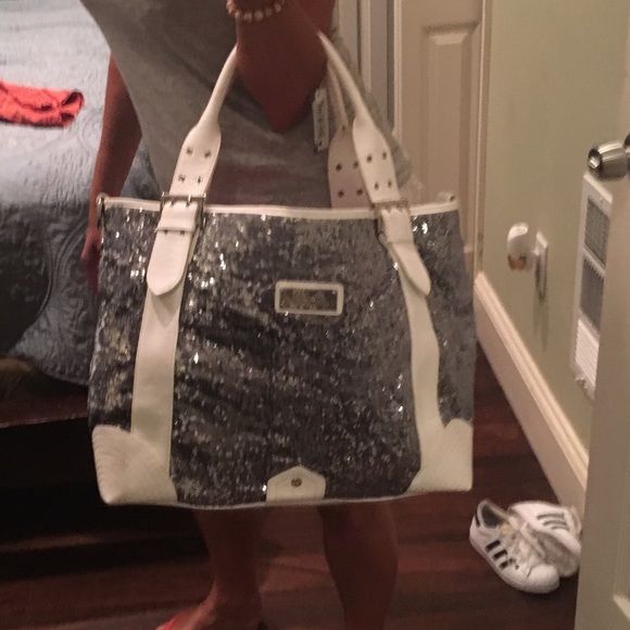 Large sequin white and silver tote