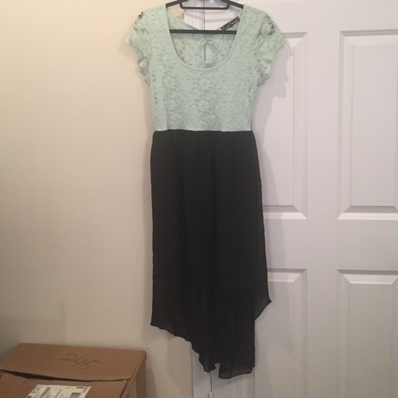 Mint green and black lace high low dress