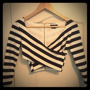 Bebe Striped Crisscross Crop Top w/Exposed Zipper