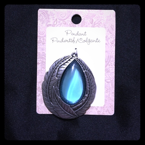 Silver Feather Pendant w clear blue stone -JW-81