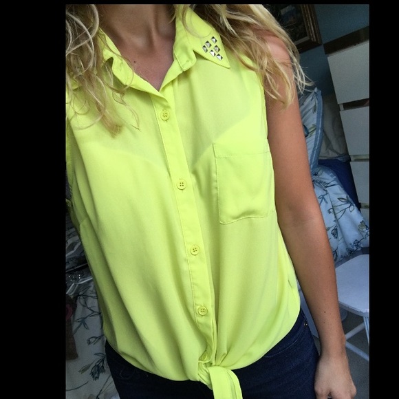 44 forever 21 tops like new lime green yellow studded blouse w tie from s 44 forever 21 tops like new lime green yellow studded blouse w tie from s