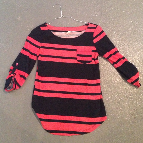 Navy and coral striped shirt