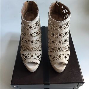 ALAIA Beige Suede/Silver Studded Peep Toe Heels 38