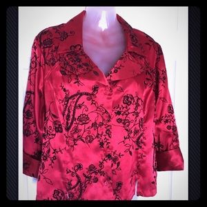 Button Up Jacket Red Wine Black Floral stitching L