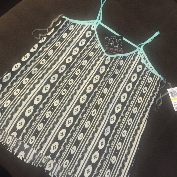 Tribal print tank top blouse black turquoise white - Picture 3 of 4