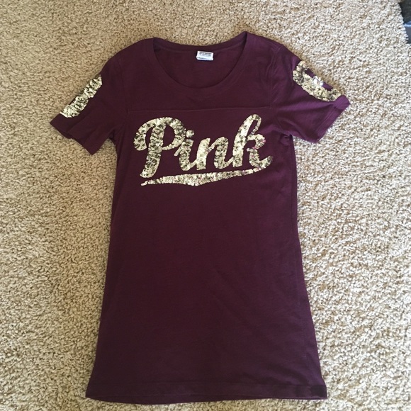 Victoria's Secret Pink- maroon tee w/gold detail