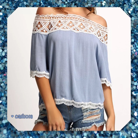 JUST IN🆕Denim Blue Off Shoulder Lace Trim Top - Picture 2 of 4