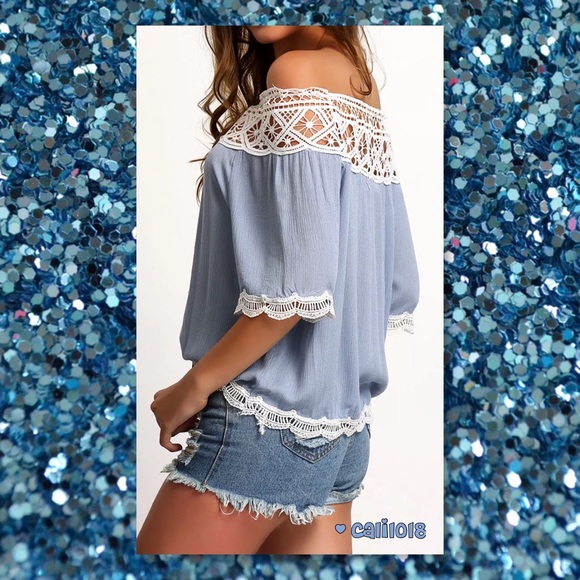 JUST IN🆕Denim Blue Off Shoulder Lace Trim Top - Picture 3 of 4