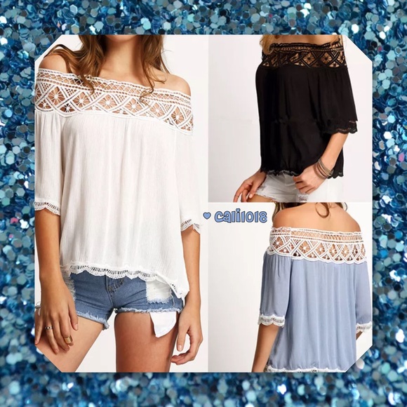 JUST IN🆕Denim Blue Off Shoulder Lace Trim Top - Picture 4 of 4