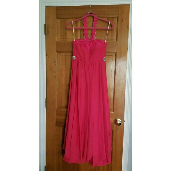 Coral Halter Prom Dress - Picture 2 of 4