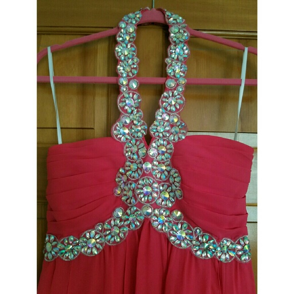 Coral Halter Prom Dress - Picture 3 of 4