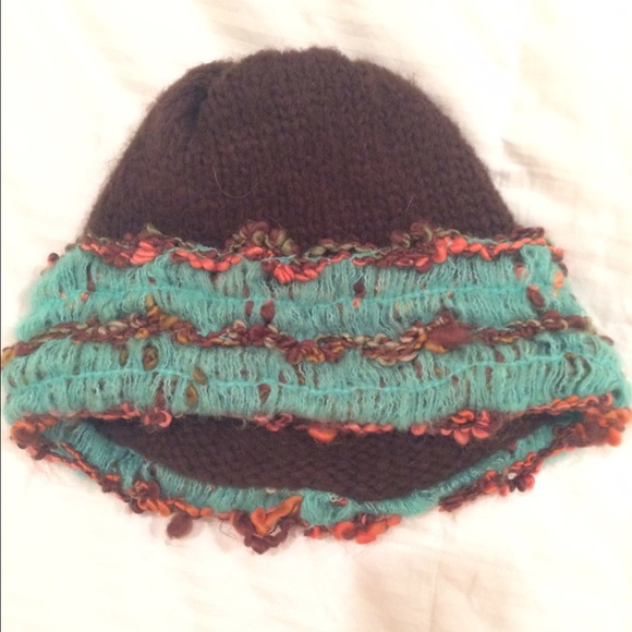 Hand-knit brown & turquoise beanie