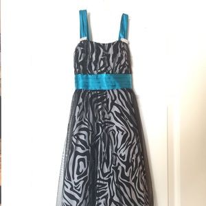 Black, silver & turquoise party dress. Ballon hem.