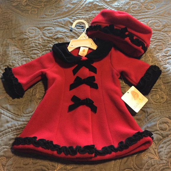 Red fleece Pea Coat and matching Winter Hat.