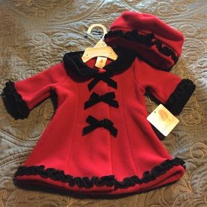 Red fleece Pea Coat and matching Winter Hat.