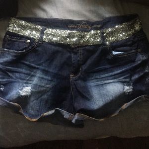 Vanity Dark Wash Denim Shorts with gold sequins