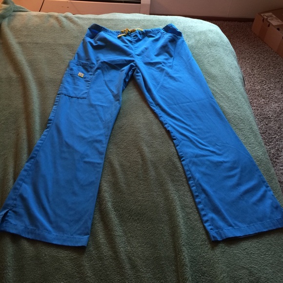 Light blue scrub pants.