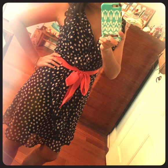 Polka dot dress with coral sash - Picture 1 of 1